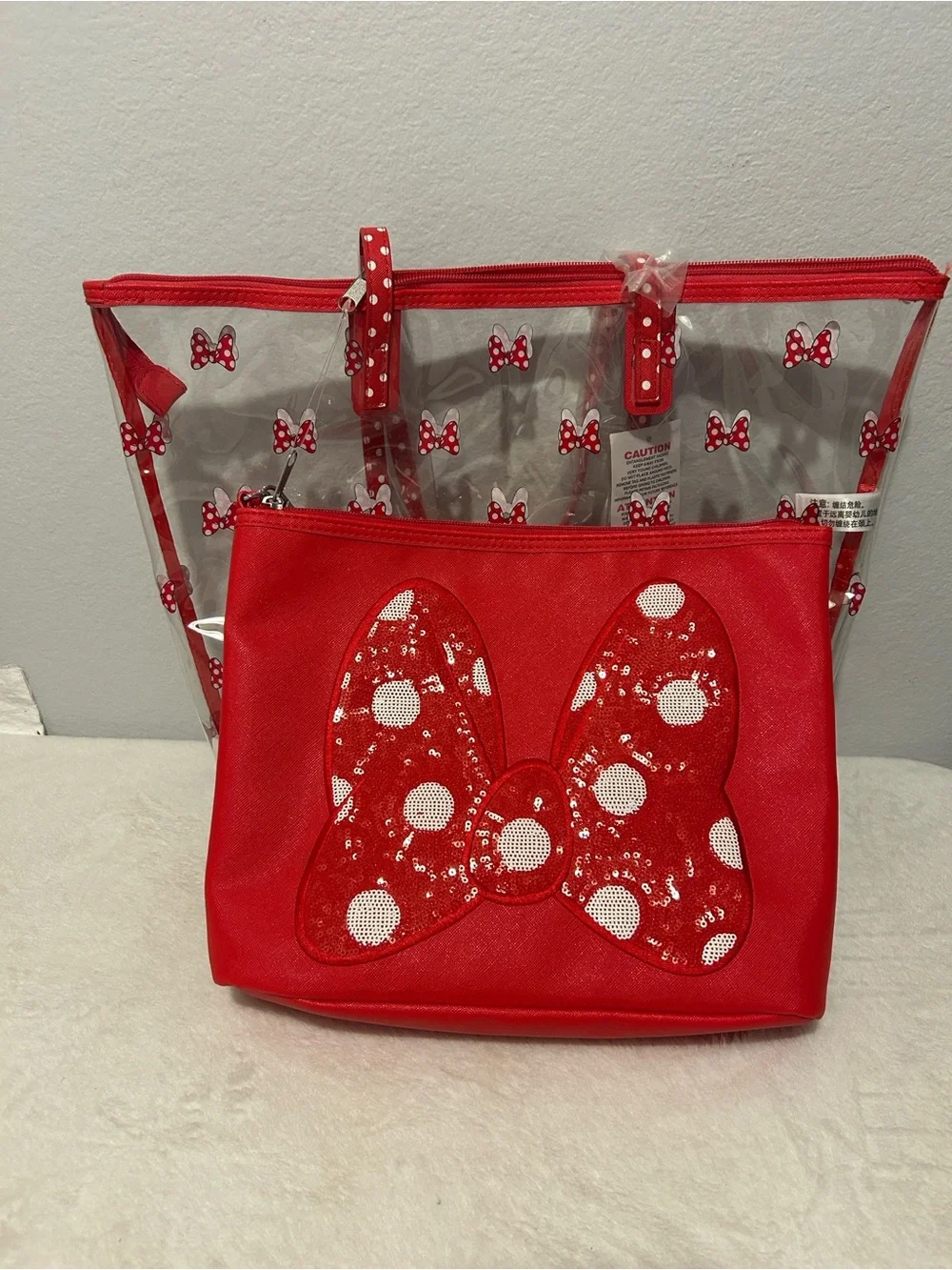 Disney Red Clear Tote with Red Polka Dot Bow Pouch NWT - Picture 5 of 6